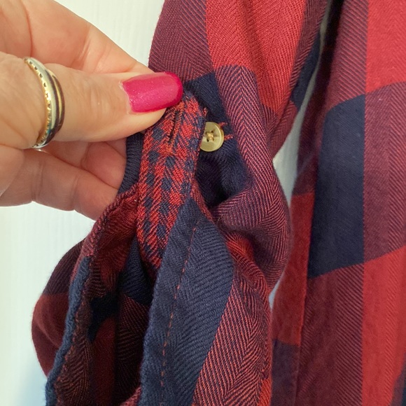 Maurices red and blue hooded button front top. Long sleeve or 3/4 length sleeve. - Picture 7 of 9